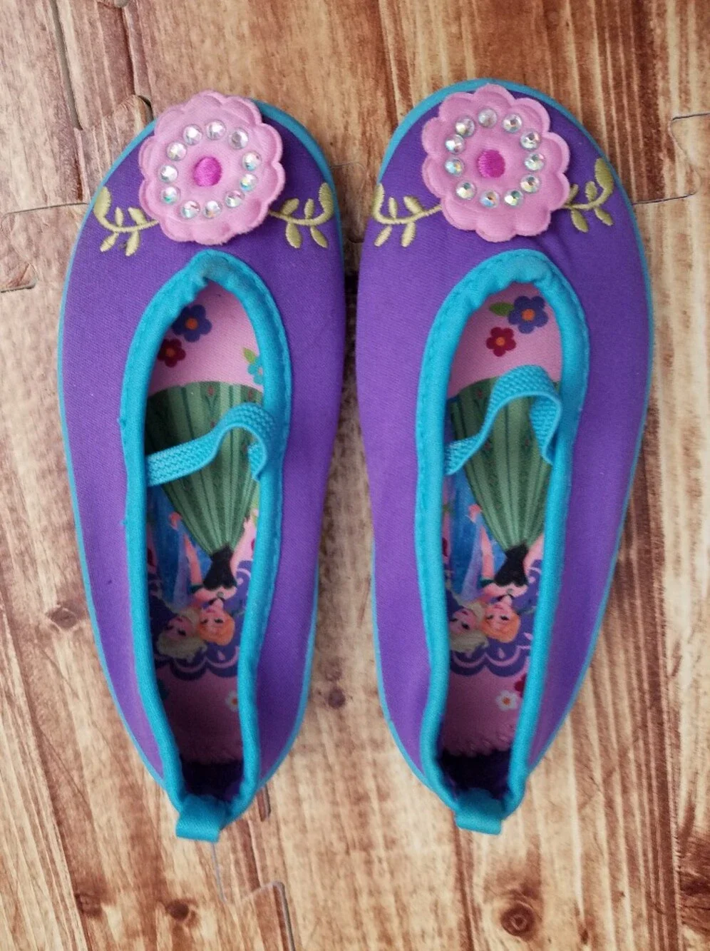 Disney Store Purple Teal Frozen Elsa & Anna Swim Shoes Girls Size 9 Floral